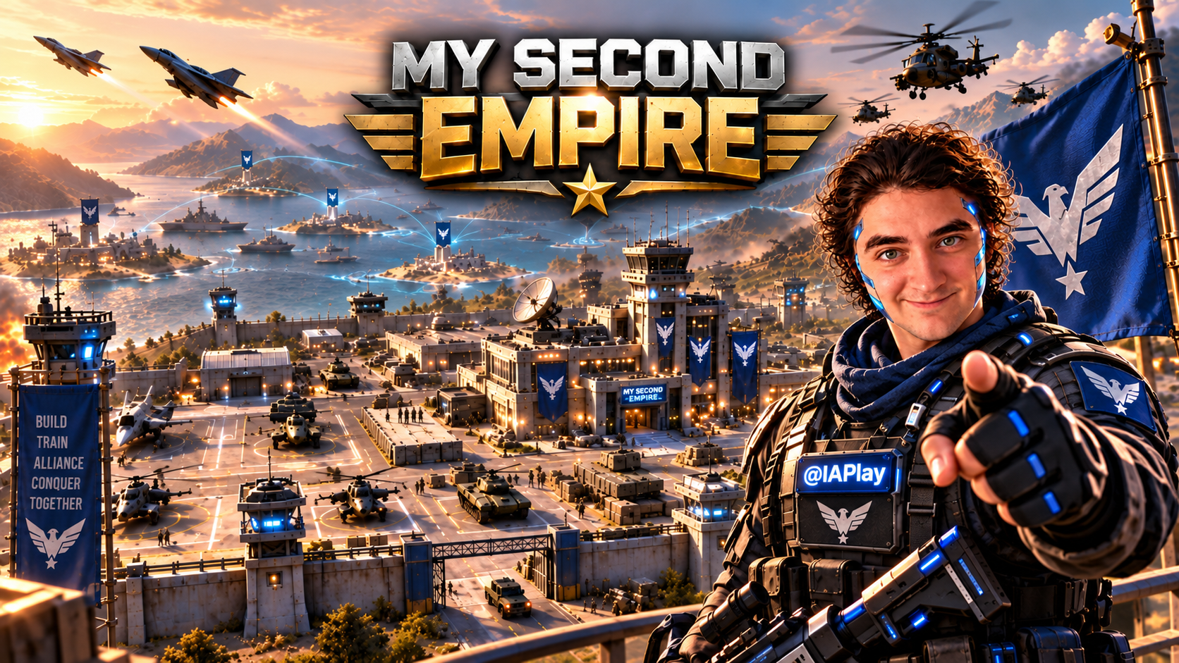My Second Empire artwork showing iaPlay, a military base and aircraft