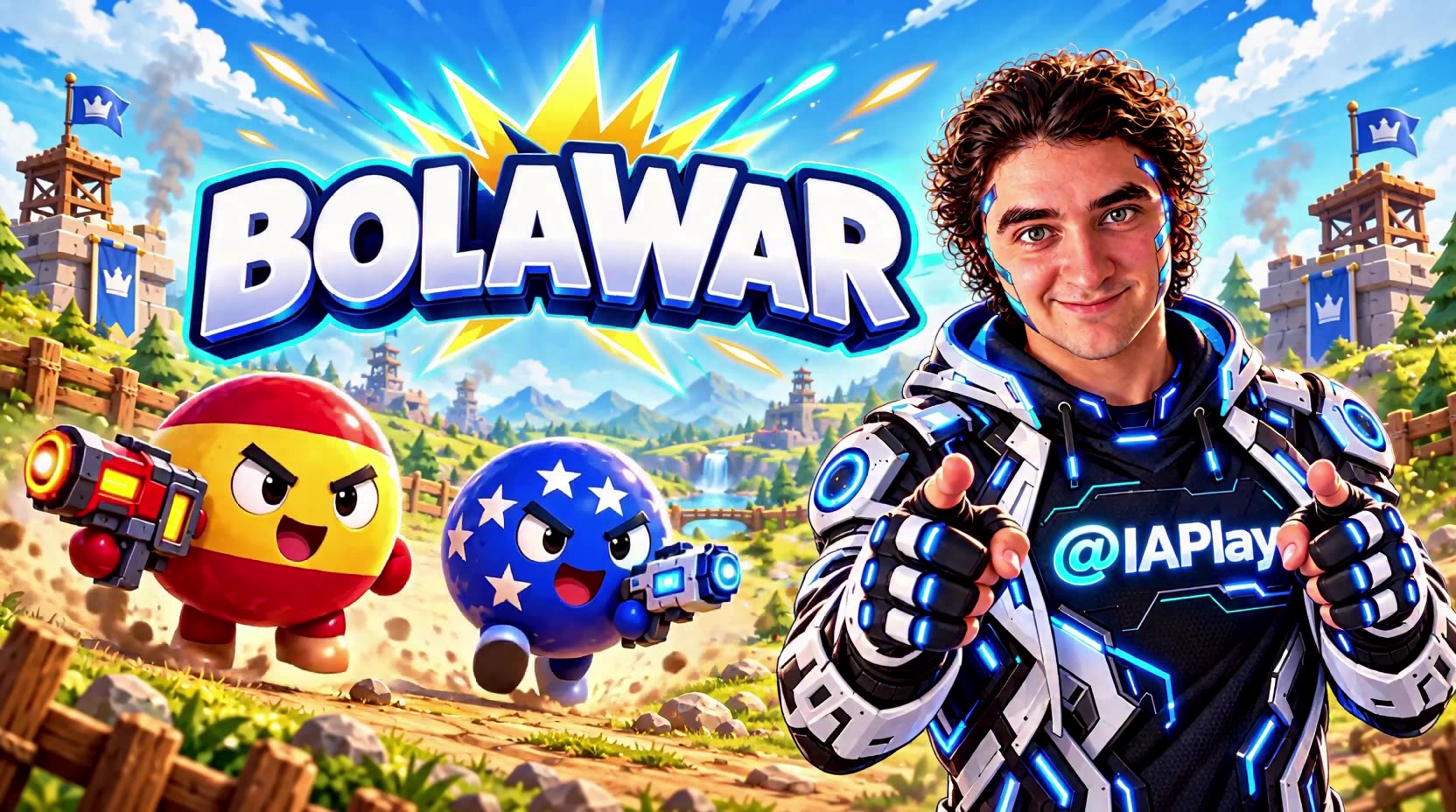 BolaWar-Motiv mit bunten Kugelfiguren und einem futuristischen Helden