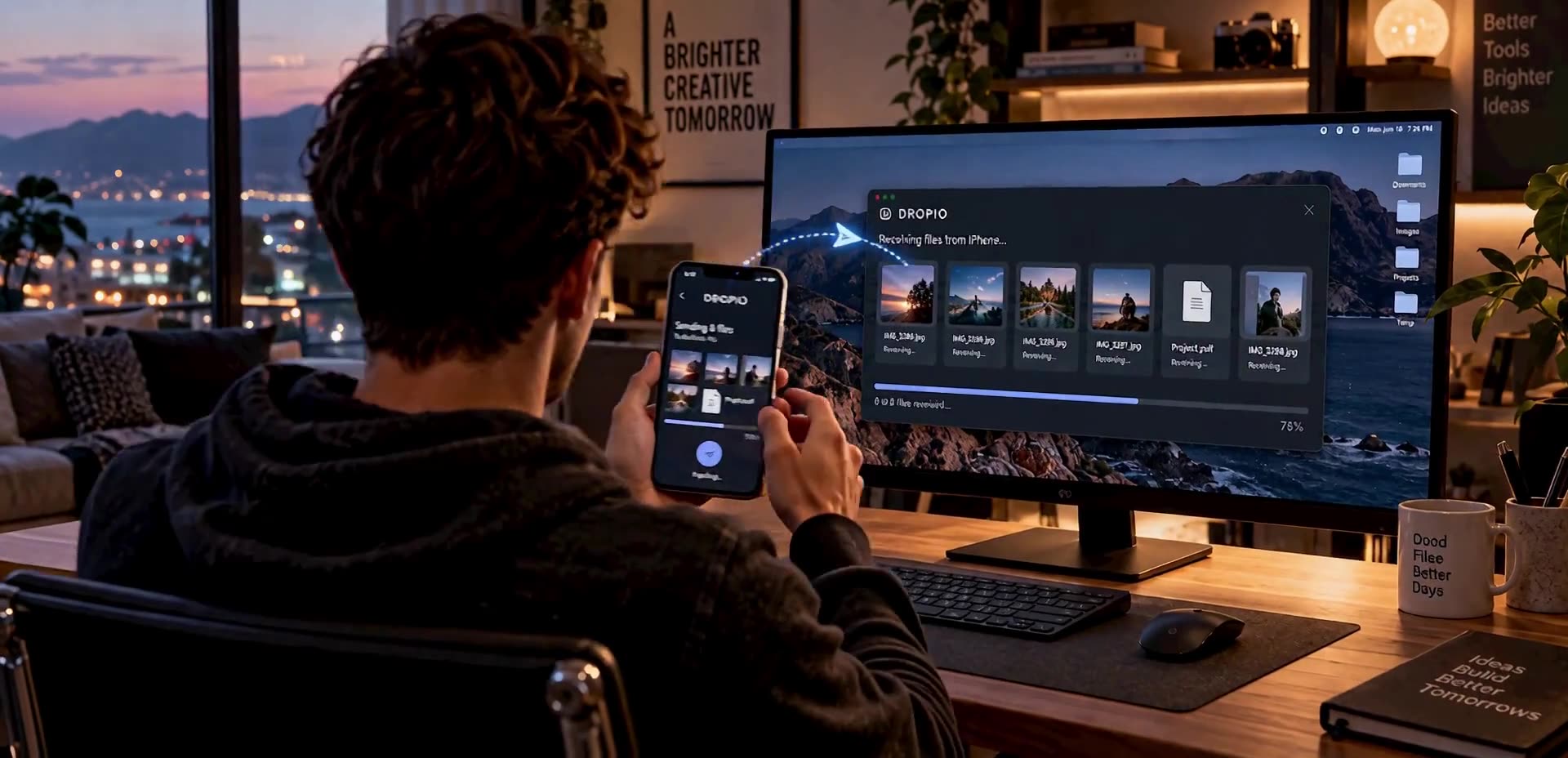 Eine Person überträgt Fotos und Dokumente vom Smartphone auf einen Computer