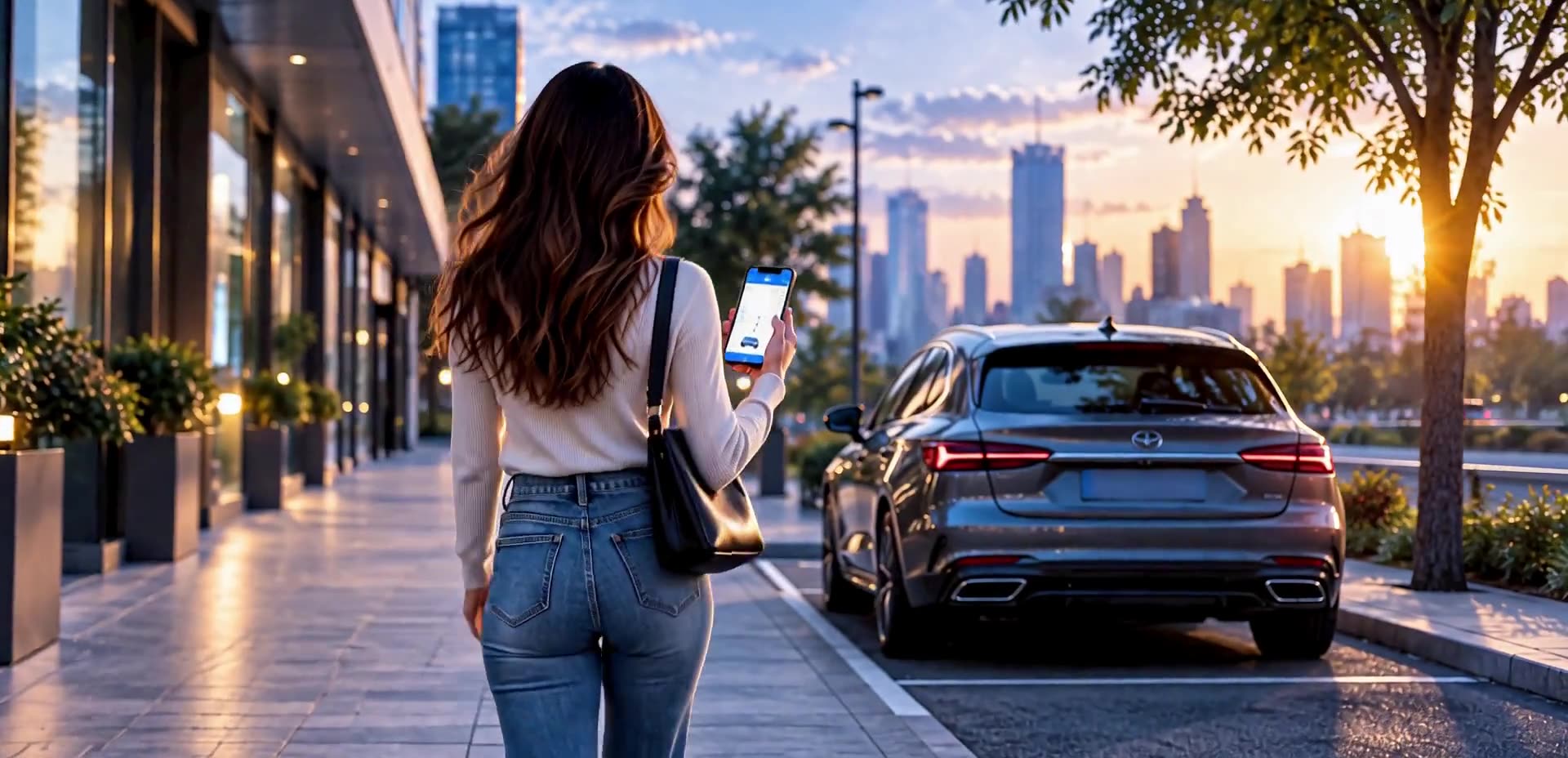Eine Frau prüft bei Sonnenuntergang den Standort ihres geparkten Autos
