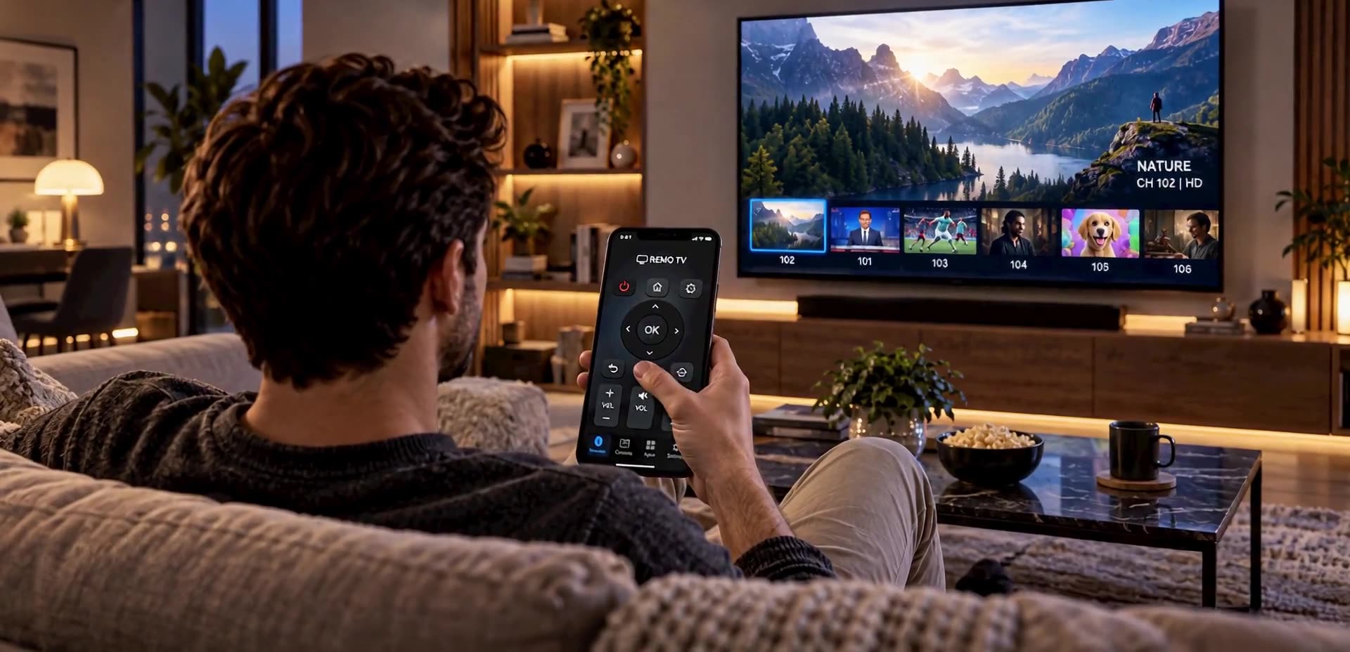 Ein Mann benutzt sein Smartphone als TV-Fernbedienung auf dem Sofa