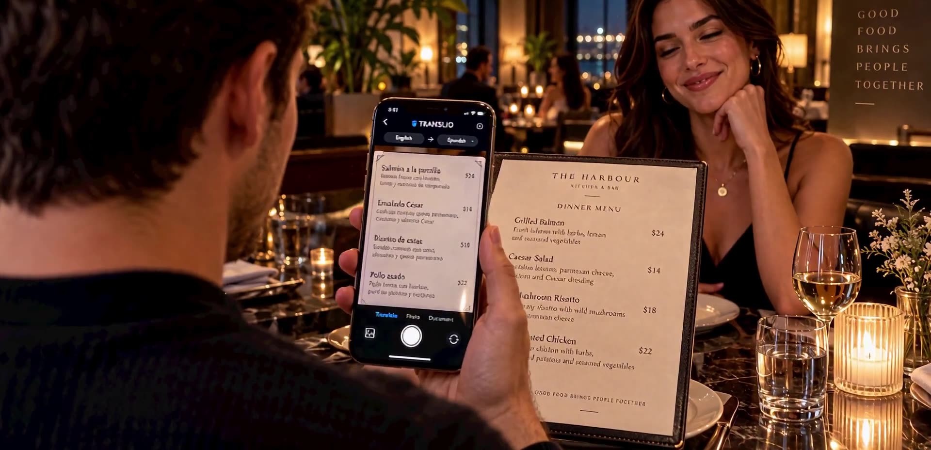Restaurant guest translating a menu with his phone
