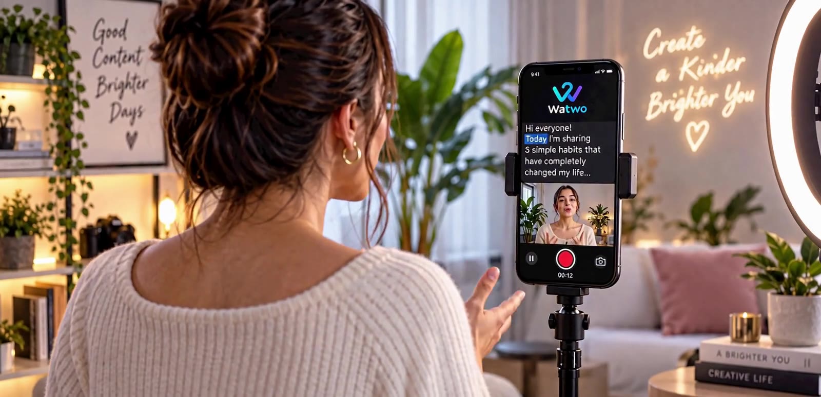 Eine Kreative nimmt mit einem Smartphone-Teleprompter ein Video auf
